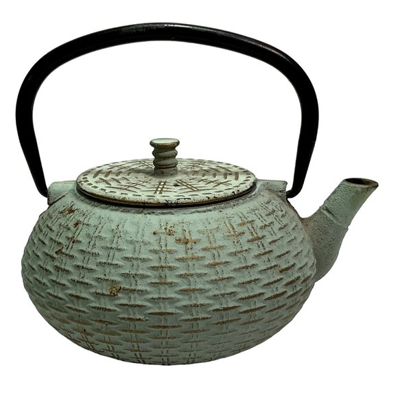 VTG JAPANESE TETSUBIN CAST IRON TEAPOT GREEN BASKET WEAVE DSIGN 7.5" X 4.5" - Picture 4 of 5
